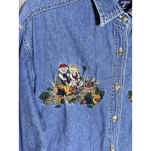 Vintage Quizz Again Embroidered Bears Fall Harvest Denim Shirt Womens Size Small - Picture 4 of 7